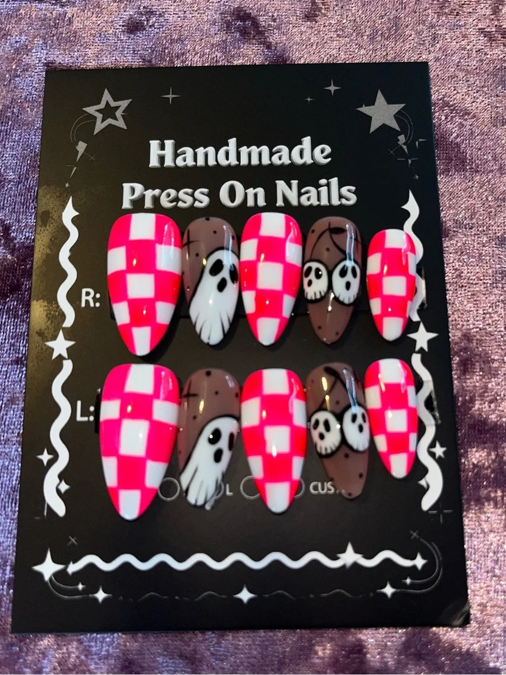 Handmade Press On Nails - Hot Pink Checker & Brown Ghost Design